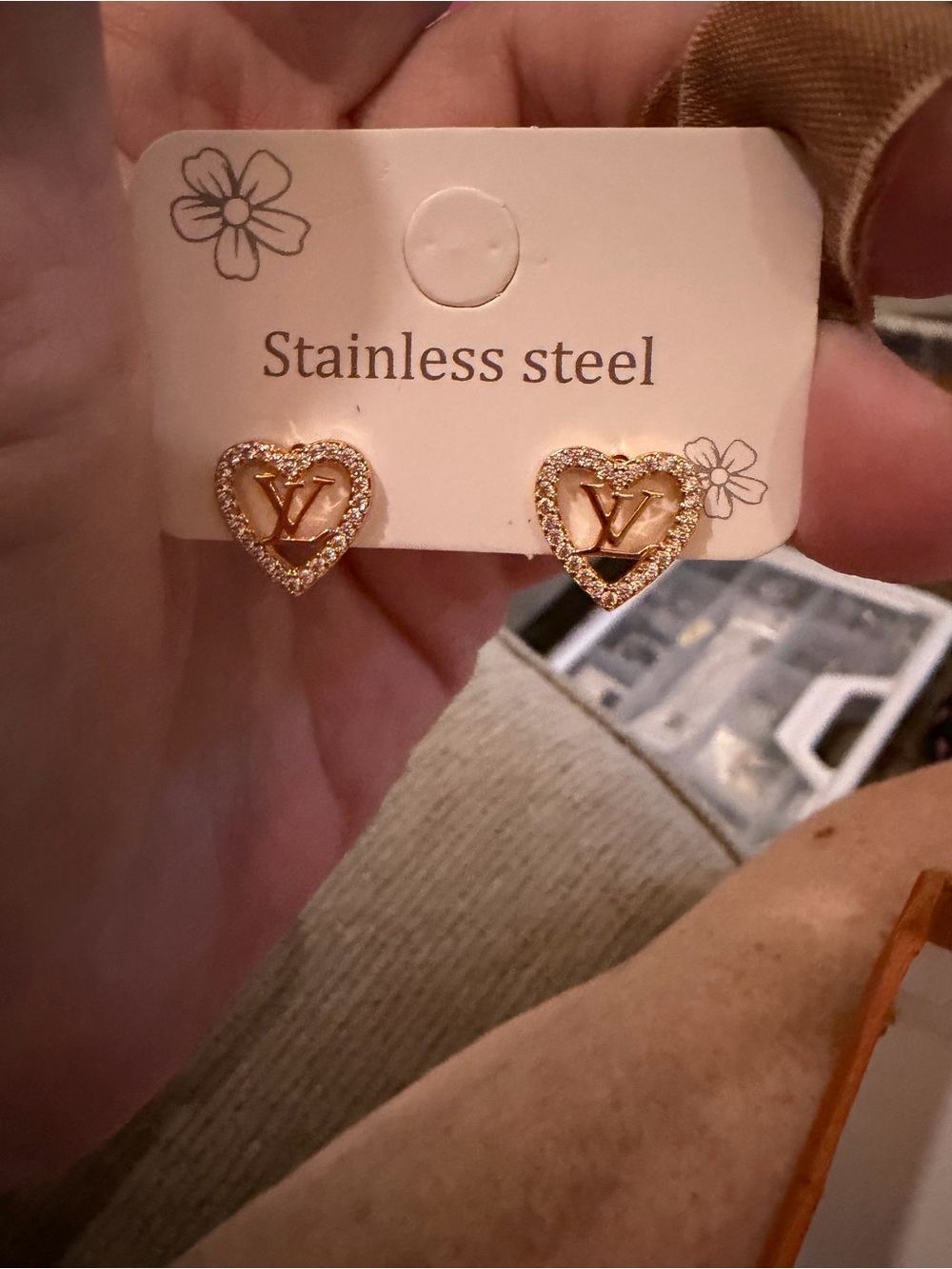 Gold Heart Stud Earrings with Crystal Halo, fashion jewelry - Picture 2 of 8